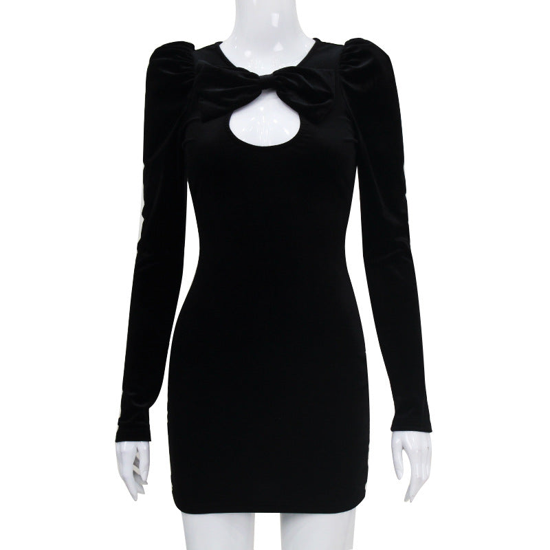 Sexy Women Clothing French Autumn Winter Long Sleeve Hollow Out Cutout out Elegant Socialite Sexy Velvet Dress