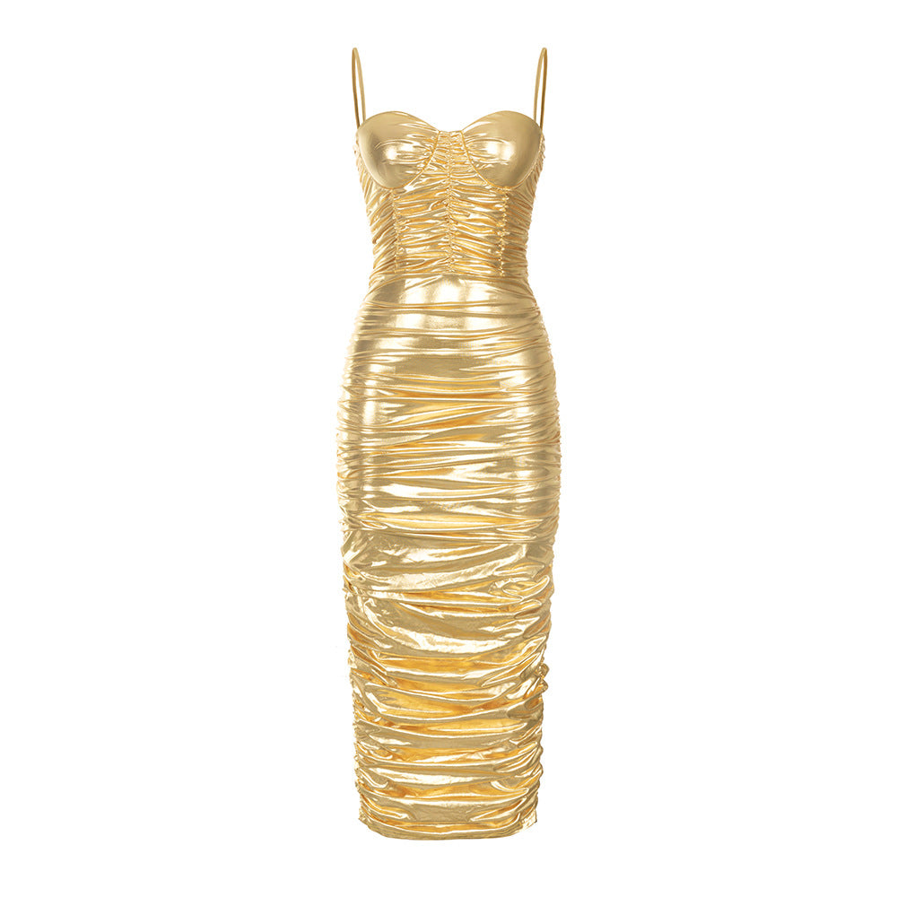 Metallic Coated Fabric Summer Slip Dress for Women