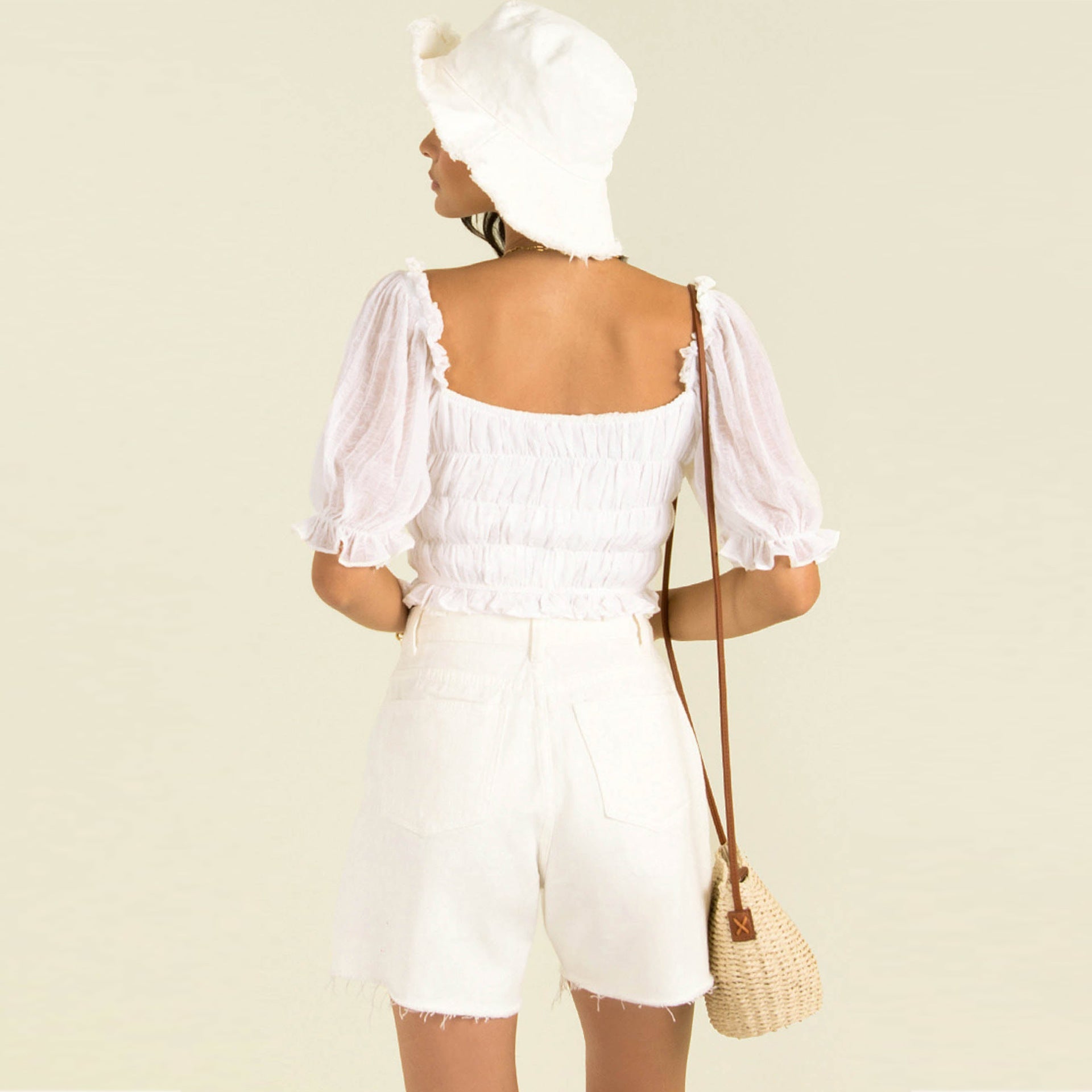 Summer Women Wear Pleated Lantern Short Sleeve Ruffled Chiffon Top Ultra Short Bare Cropped