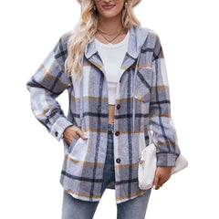 Women Autumn Winter Ladies Hooded Jacket Casual Mid Length Plaid Shirt