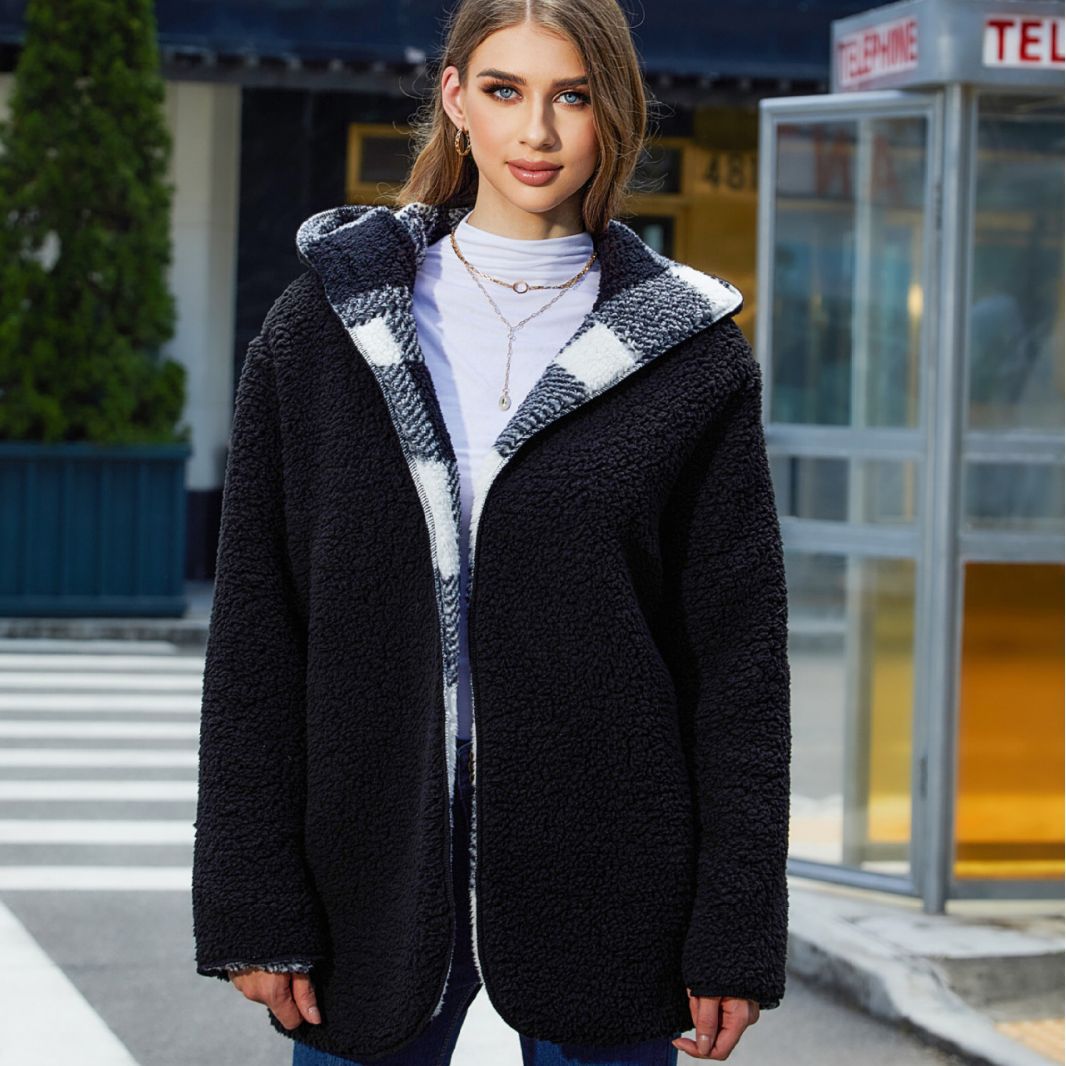 Women’s Autumn Winter Plaid Loose Casual Buckle-Free Cardigan with Double Layer Plush Coat