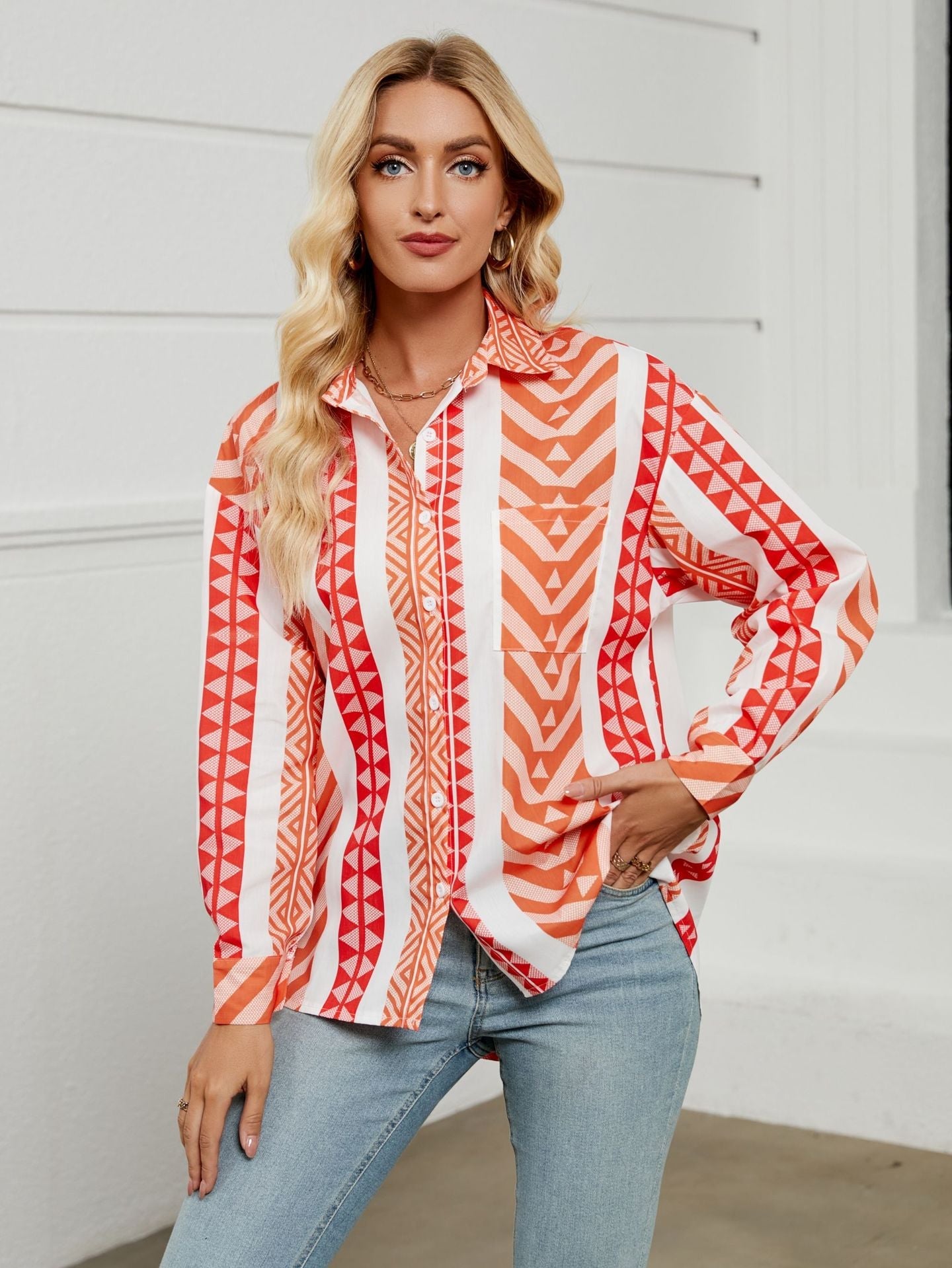 Women Bohemian Collared Shirt Striped Shirt Casual Women Top