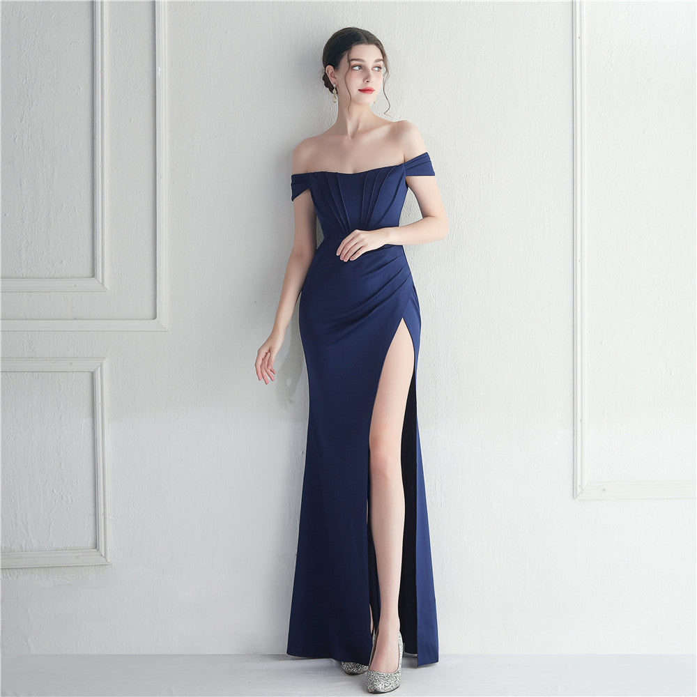 Off the Shoulder Collar Split Sexy Nightclub Dress Wedding Dinner