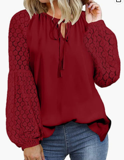 Women Clothing Round Neck Long Sleeve Lace Stitching Lace Loose T Shirt