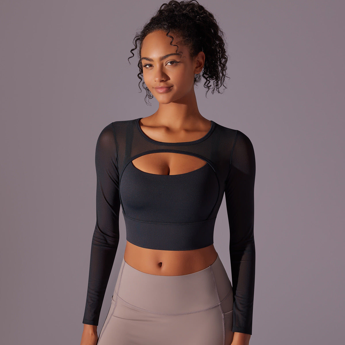 Sexy Mesh Yoga Clothes Long Sleeve Chest Pad Running Sports Bra Top