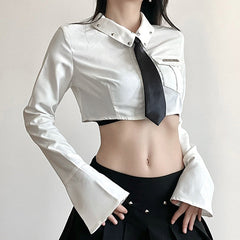 College Embroidered Tie Collared Bell Sleeve Shirt Sexy High Waist Slimming Pleated Skirt Two Piece Set