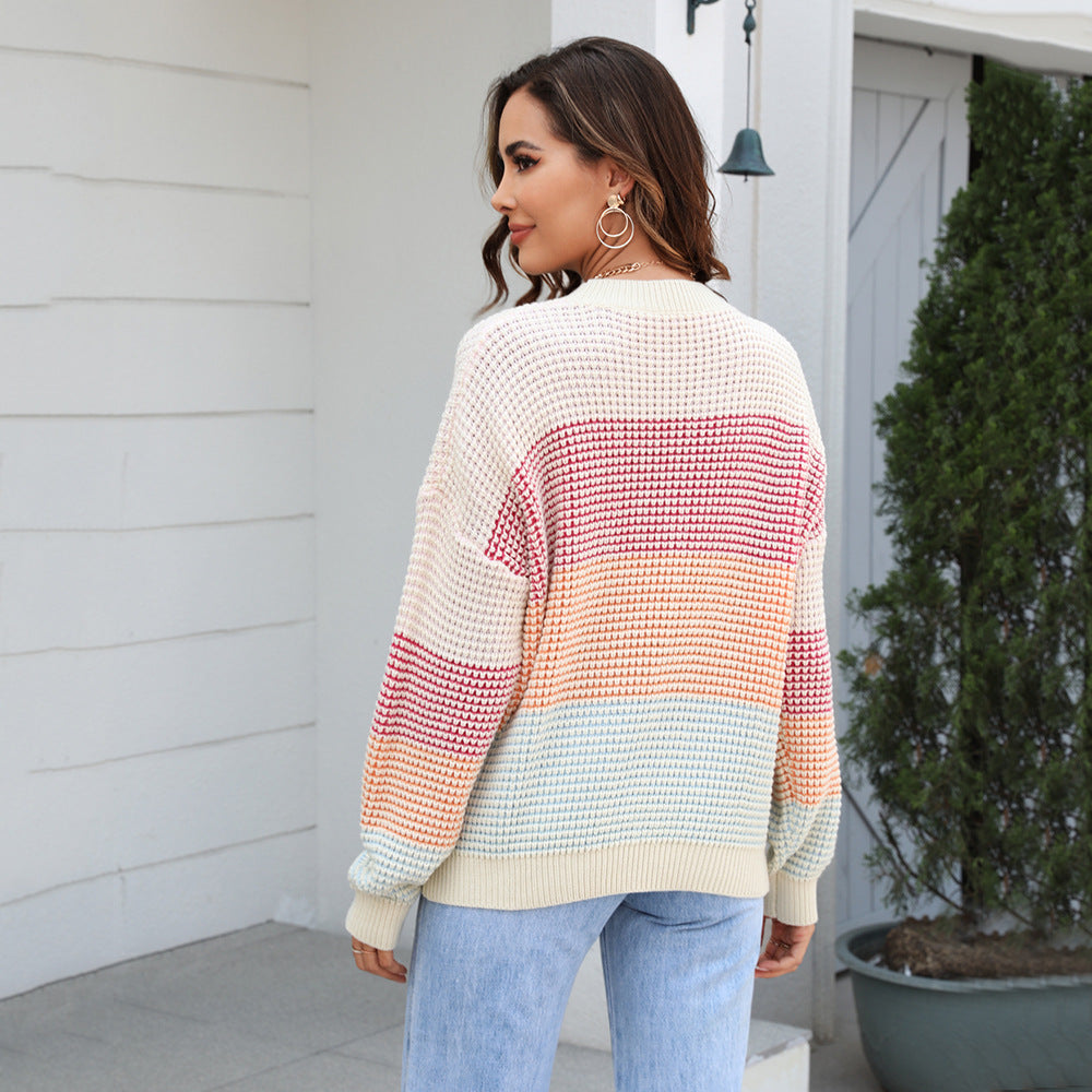 Autumn Casual Sweater: Loose Crew Neck Color Knitwear Top – Color Block