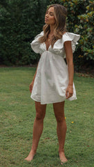 Women Clothing V Neck Ruffle Sleeve Youthful Short Dress