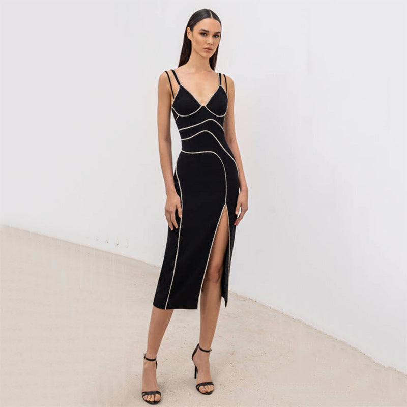 V Neck Diamond High Slit Bandage Dress – Sexy Cocktail Slim Fit