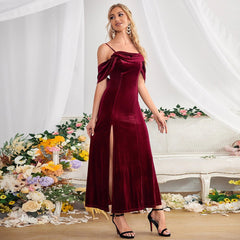 New Women Clothing Dinner Split Velvet Dress off Shoulder Spaghetti Straps Wild Dress