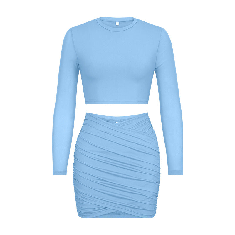 Suit Long Sleeve Stitching Mesh Top Ruffle Hip Skirt Casual Two Piece Suit Women