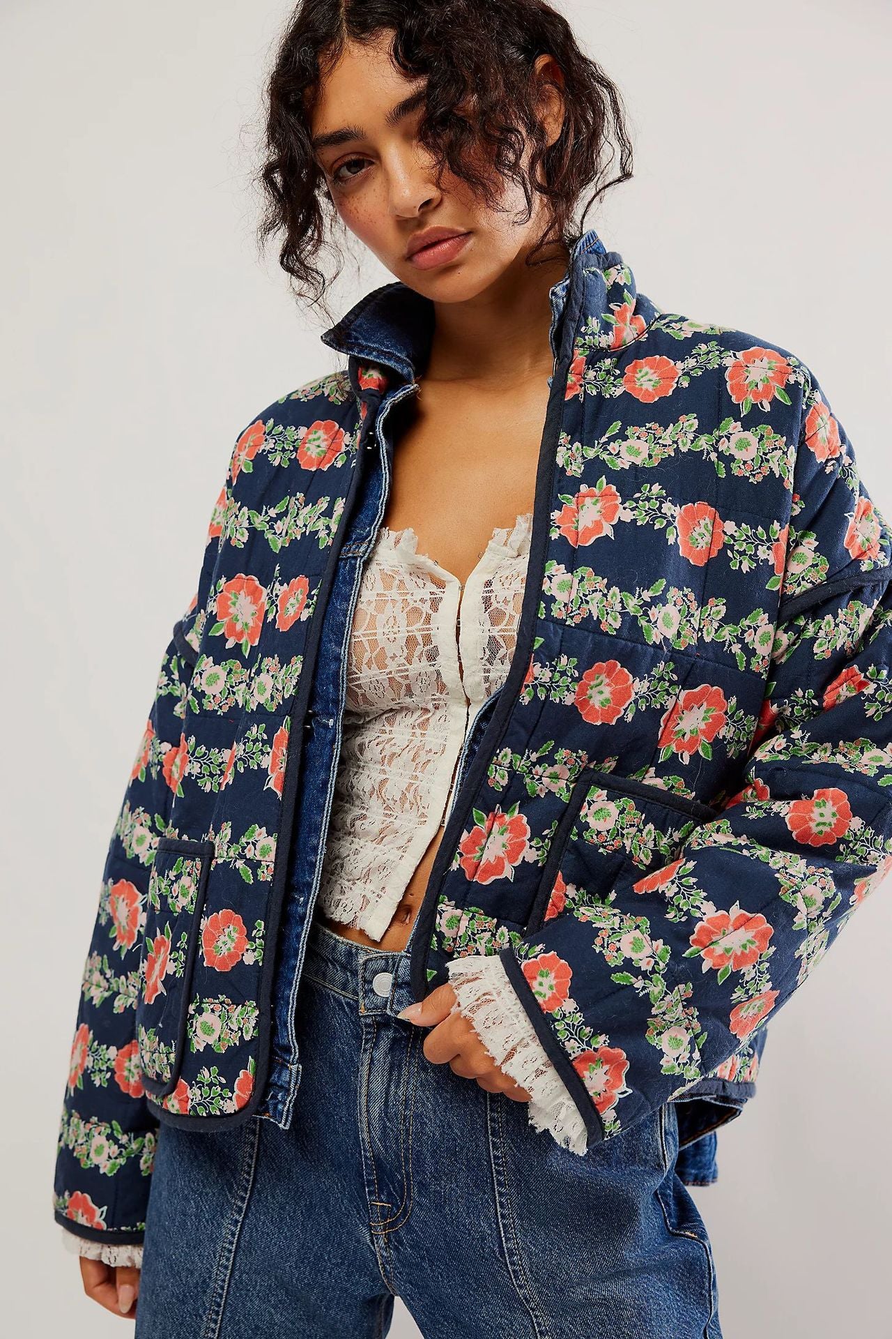 Flower Print Pocket Clip Cotton Drop Shoulder Jacket