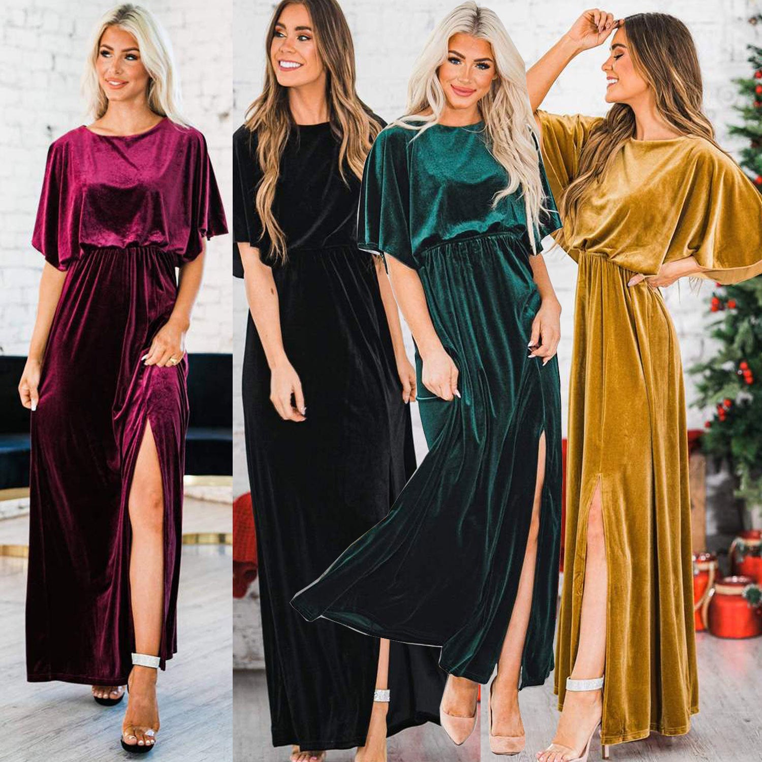 Women Clothing Spring Summer Sexy Elegant Dress Gold Velvet round Neck High Slit Evening Dress for Women