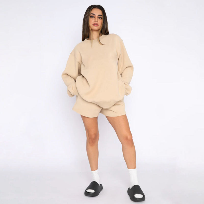 Nude Solid Color Casual Loose Pullover Hoodie Shorts Set