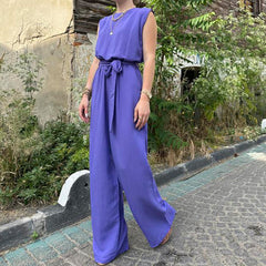 Casual Women Jumpsuit Solid Color Loose Waistcoat with Waist Lace up Loose Fitting Wide Leg Trousers Sets