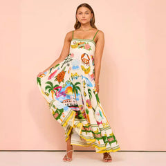 Sexy Women Clothing Sling Graffiti Printing Sleeveless Swing Cotton Linen Dress