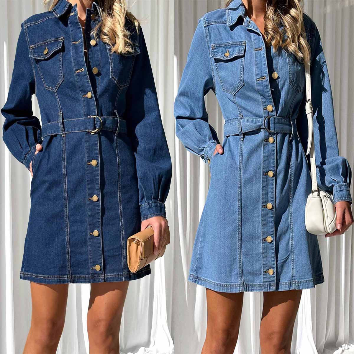 Denim Dress Women Autumn Winter Long Sleeved Washed Office Dress