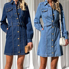 Denim Dress Women Autumn Winter Long Sleeved Washed Office Dress