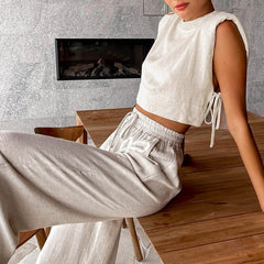 Summer Padded Shoulder Sleeveless Top Trousers Two Piece Set Casual Cotton Linen Suit Women Clothing