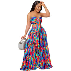 Women’s Colorful Printing Lace Up Tube Top Wide Leg Pants Suit – Spring Summer Fashion