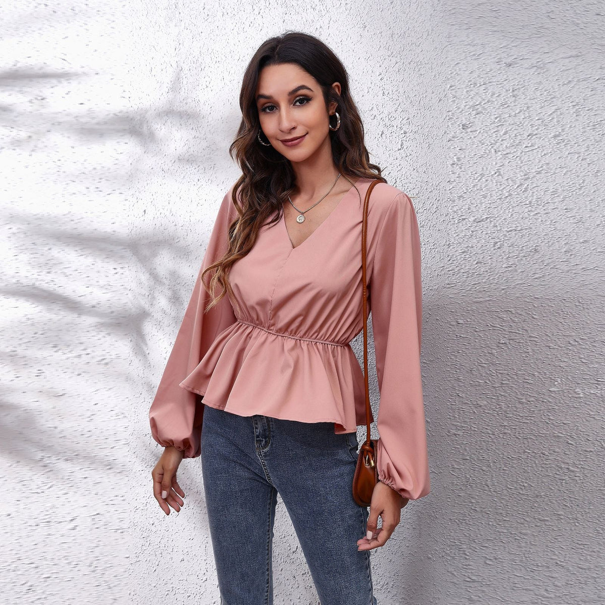 Popular Real Shot Lantern Sleeve Chiffon Shirt Solid Color Waist Tight V Neck Long Sleeve Women Top