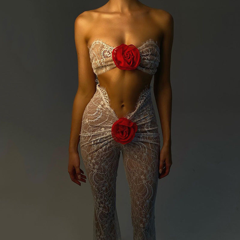 Autumn Lace See through Sexy Temptation Tube Top Jumpsuit Women Sexy Tight Floral Trousers