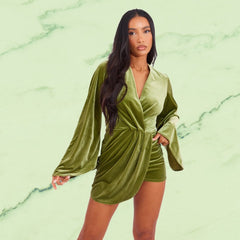 Autumn Sexy High Waist Solid Color Long Sleeve Pleated Bell Sleeve Dress Women