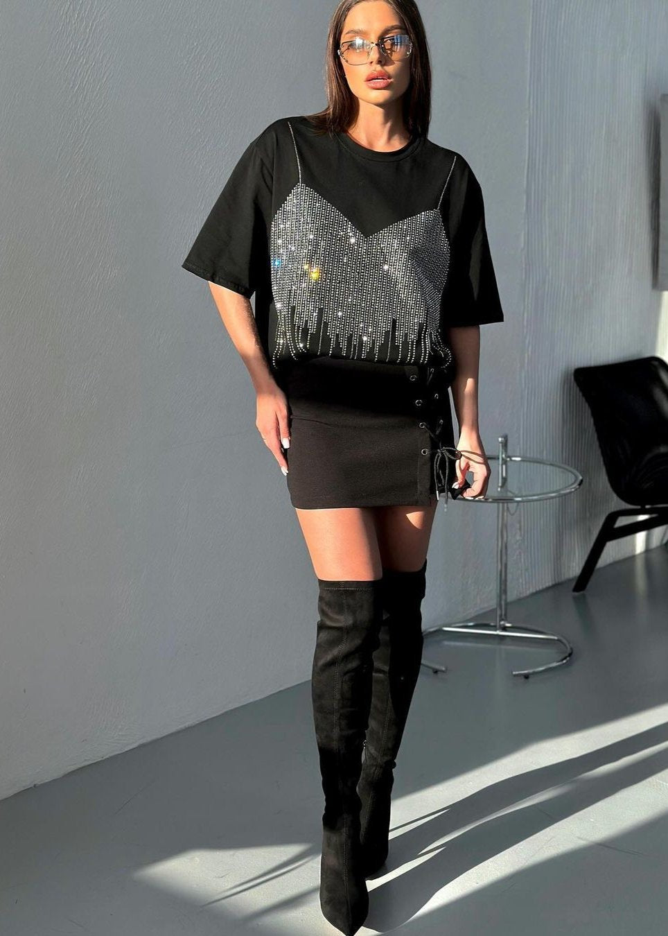 Radiant Embellished Tee - Dazzling Black