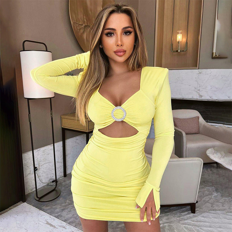 Women Clothing Autumn Winter Long Sleeve Hollow Out Cutout Sheath Sexy Dress