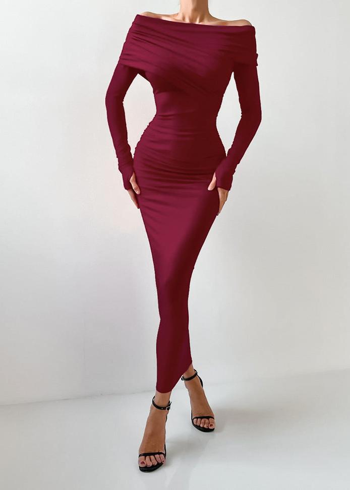 Burgundy Off-Shoulder Ruched Maxi Dress