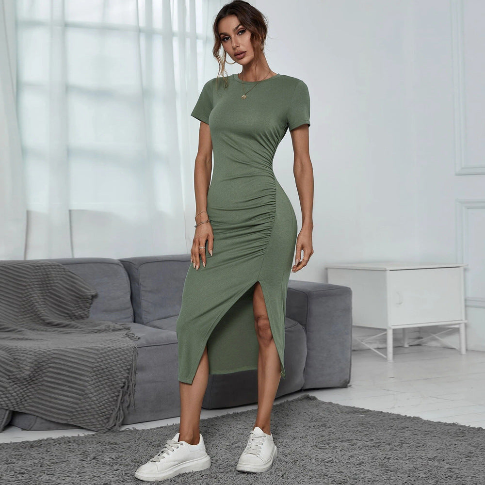 Women Clothing Round Neck Cinched Waist Pullover Split Short Sleeve Sheath Dress Midi Dress