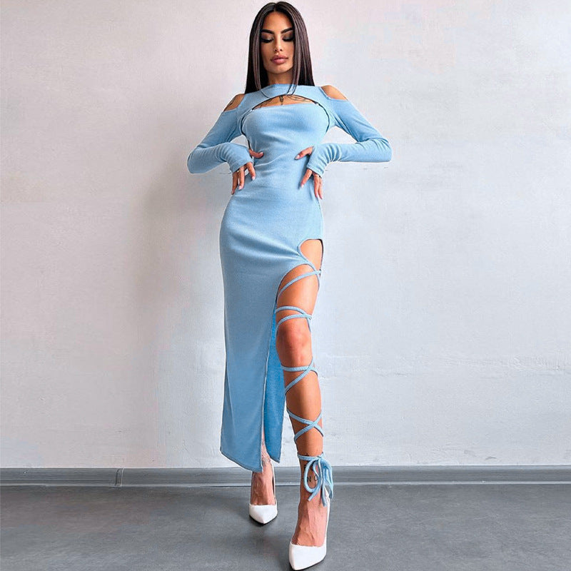 Sexy Leggings Split Dress Autumn Women  Clothing Solid Color Long Sleeve Hollow Out Cutout Dress