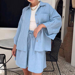 Summer Cotton Long Sleeve Shorts Pajamas Casual Loose Nightgown Worn outside Ladies Homewear