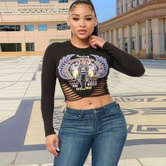 Sexy round Neck Cropped Cut Women Clothing All Match Tight Letter Graphic Long Sleeve Top T shirt