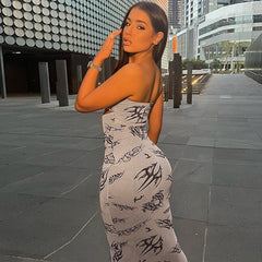 Women Clothing Spring Summer Printing Hollow Out Cutout Backless Bandeau Slim Fit Dress