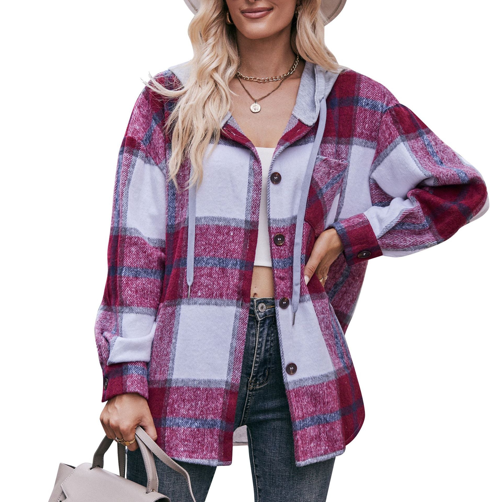 Women Autumn Winter Ladies Hooded Jacket Casual Mid Length Plaid Shirt