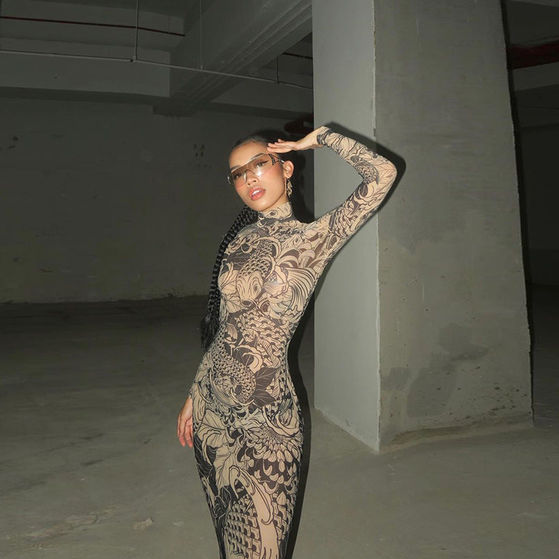 Women Clothing Autumn Personality Mesh Printed See through High Collar Slim Fit Slimming Dress