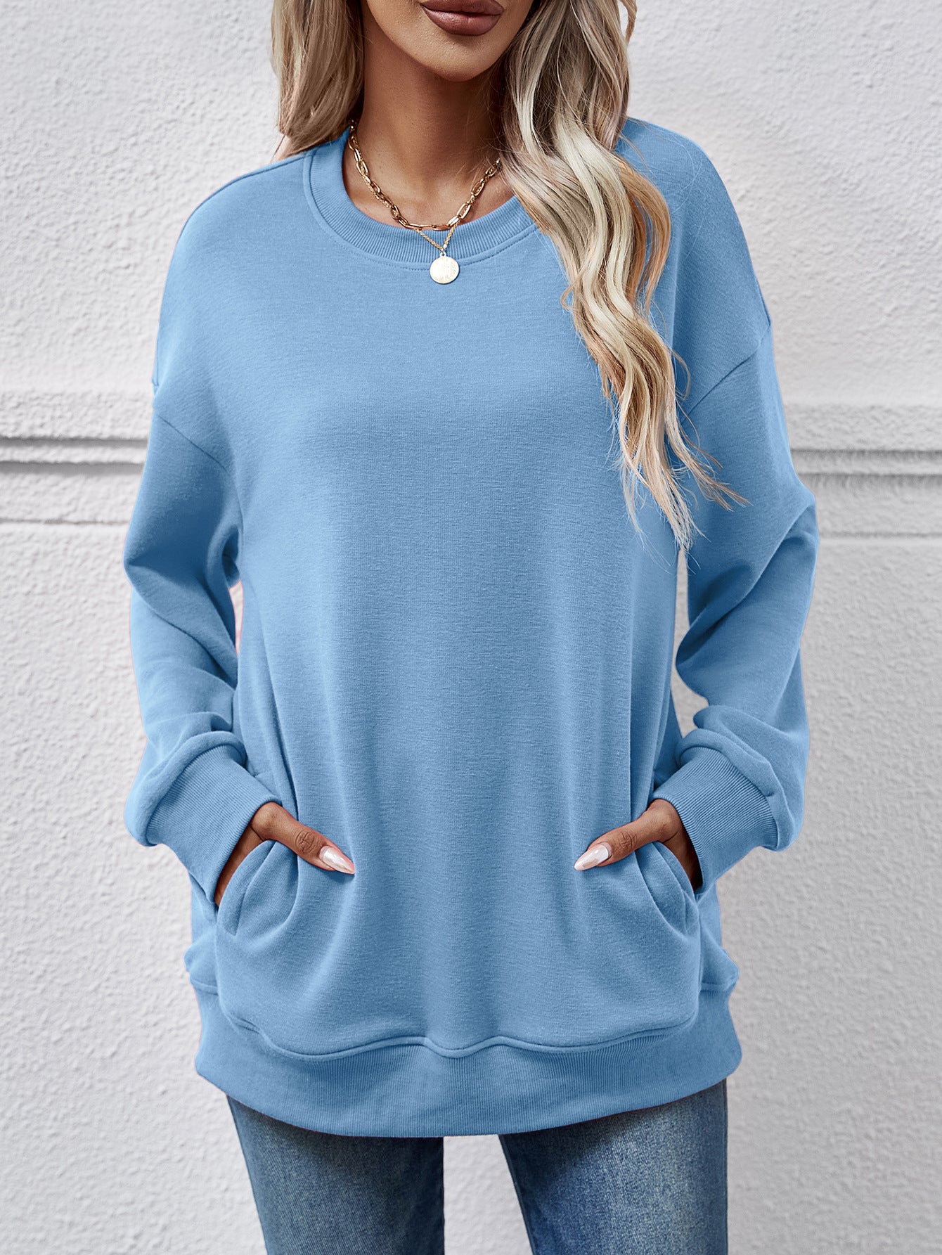 Autumn Winter Women Clothing Brushed Hoody Women Loose Round Neck Pocket Top