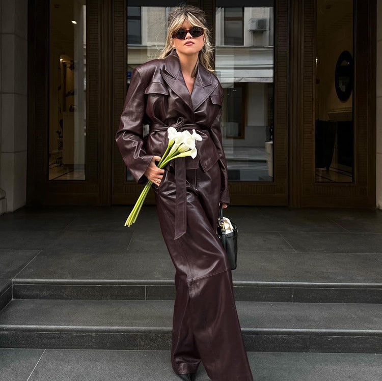 Faux Leather Jacket And Pants Suit