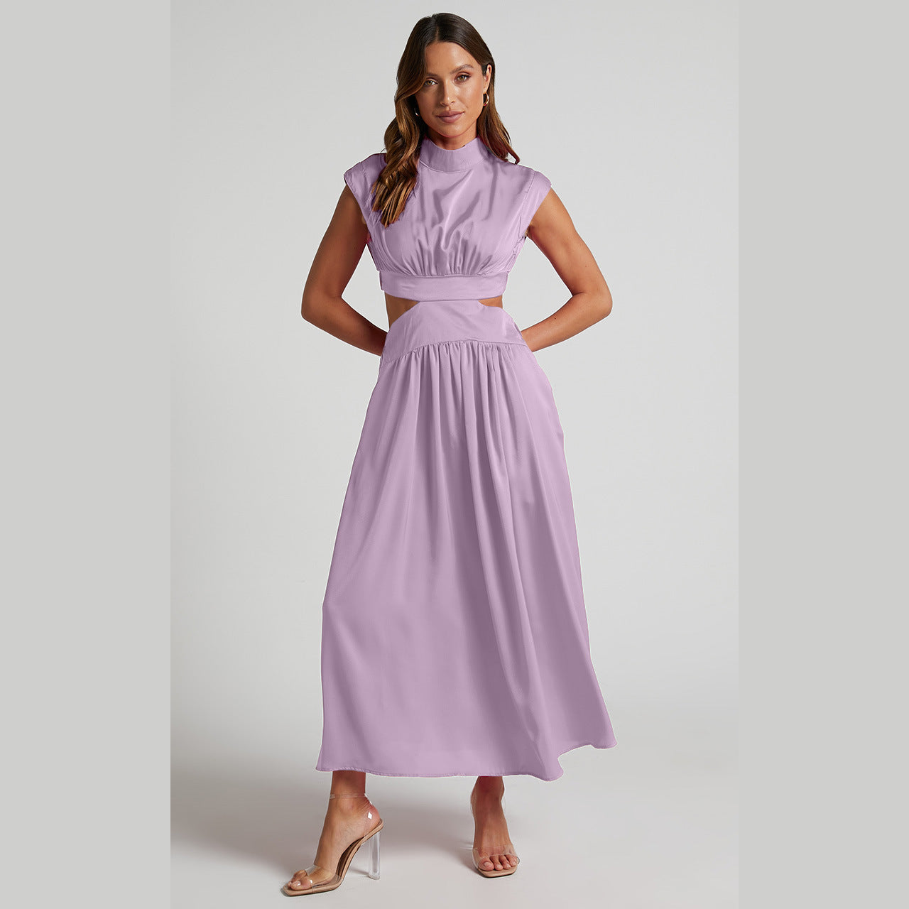 Sweet Street Summer Stand Collar Solid Color Cropped Outfit Maxi Dress