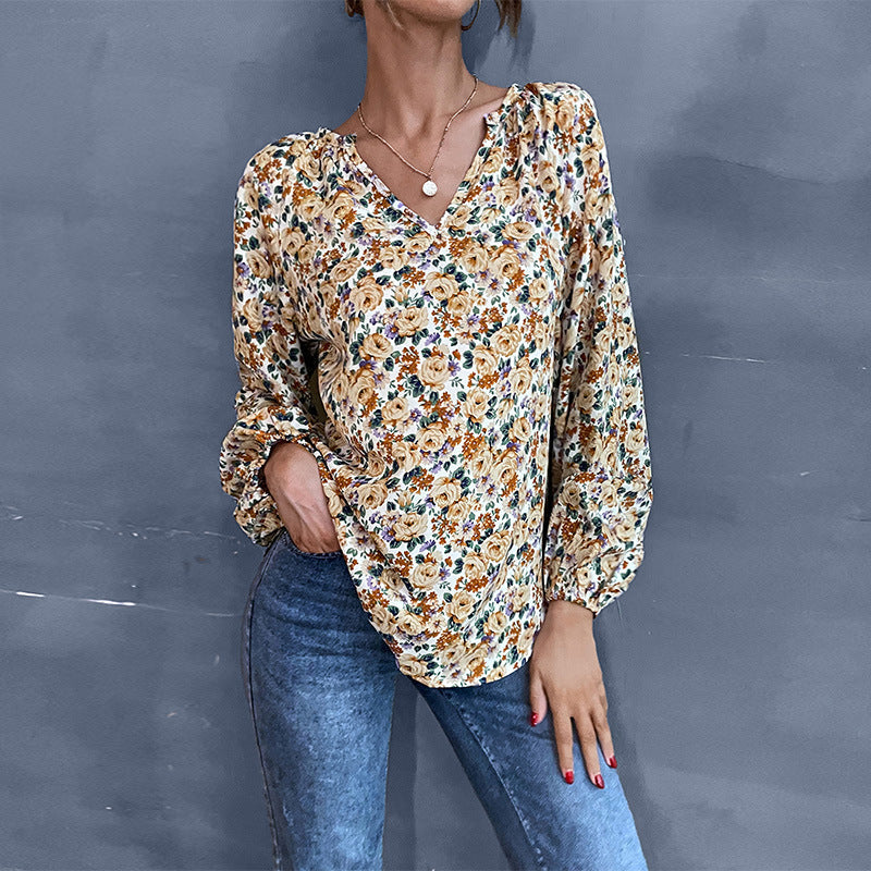 Early Autumn Holiday Women Loose Fitting V Neck Long Sleeves Floral Shirt