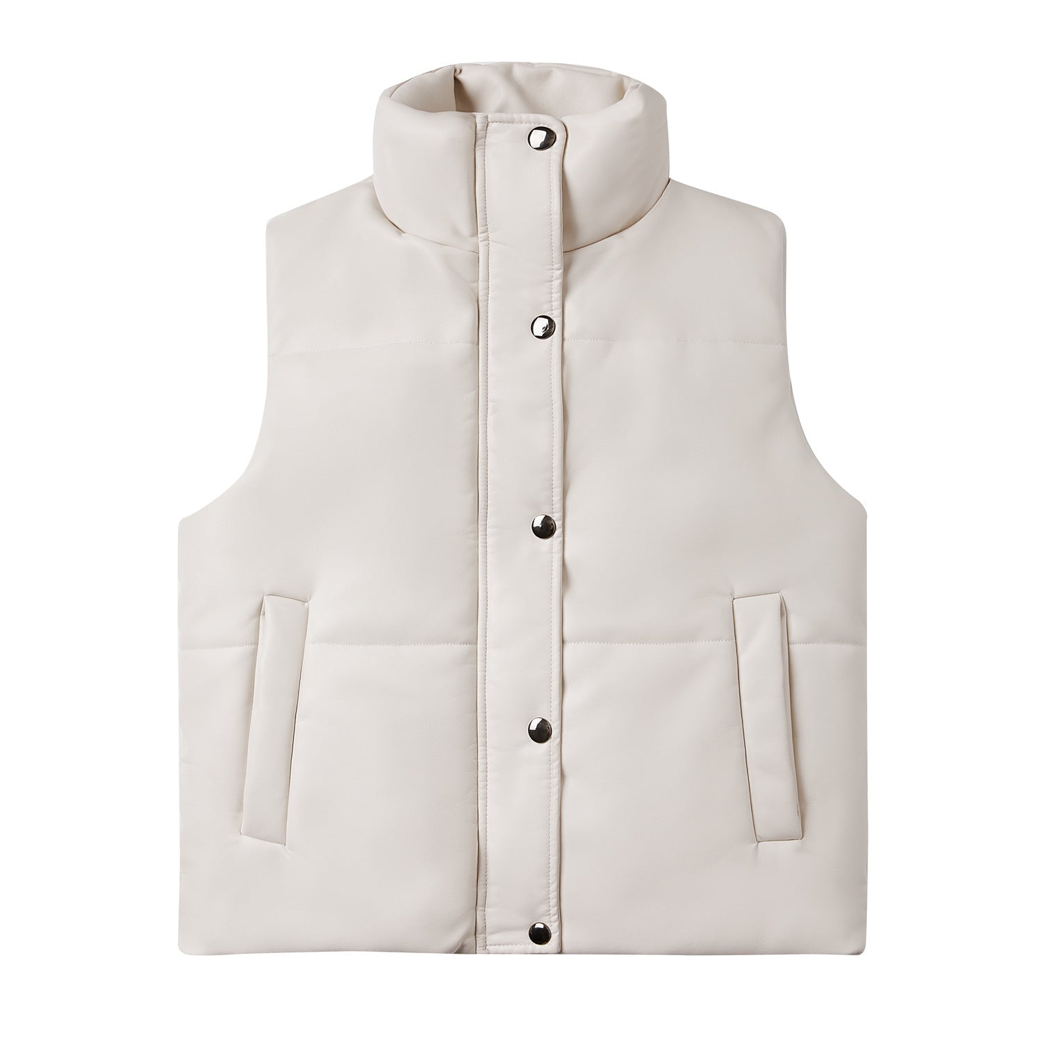 Autumn Winter Women Leather Waistcoat Sleeveless Quilted Zipped Cotton Padded Jacket Stand Collar