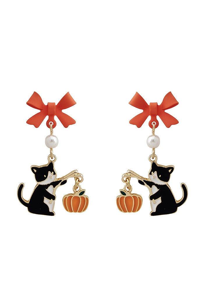 Pumpkin Lantern Cat Drop Earrings