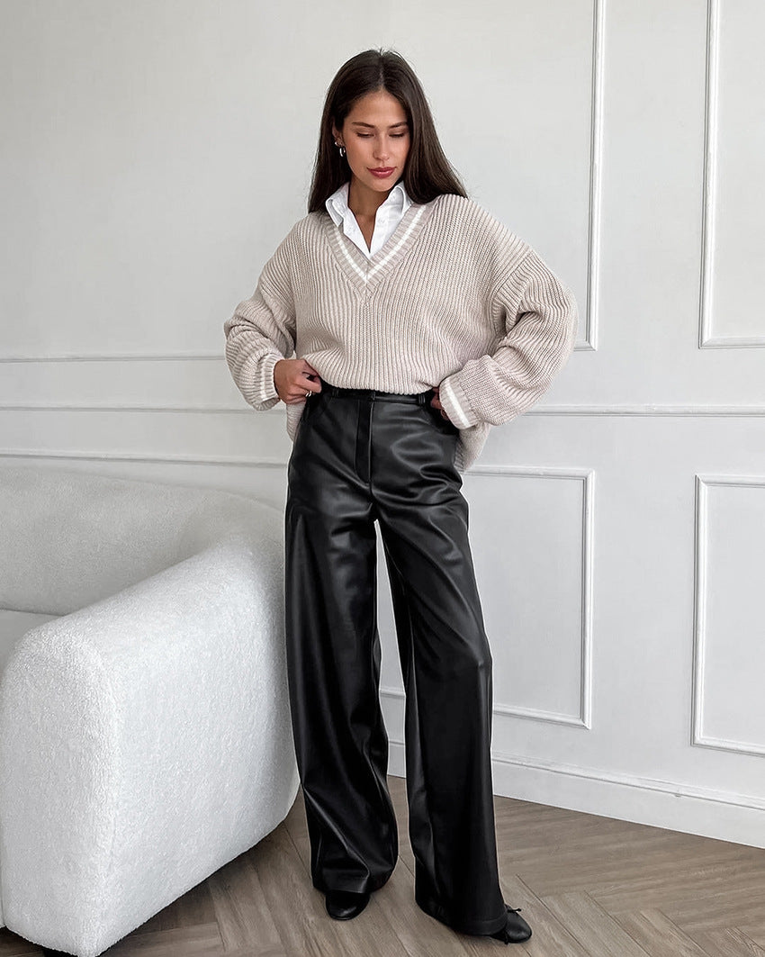 High-Waist Wide-legged Straight-Leg Faux Leather Pant