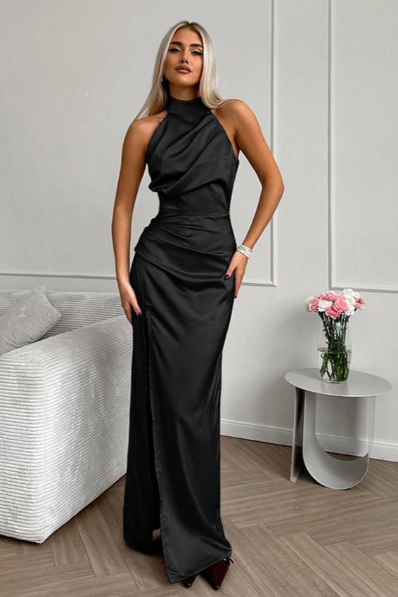 Satin Halter Split Evening Gown