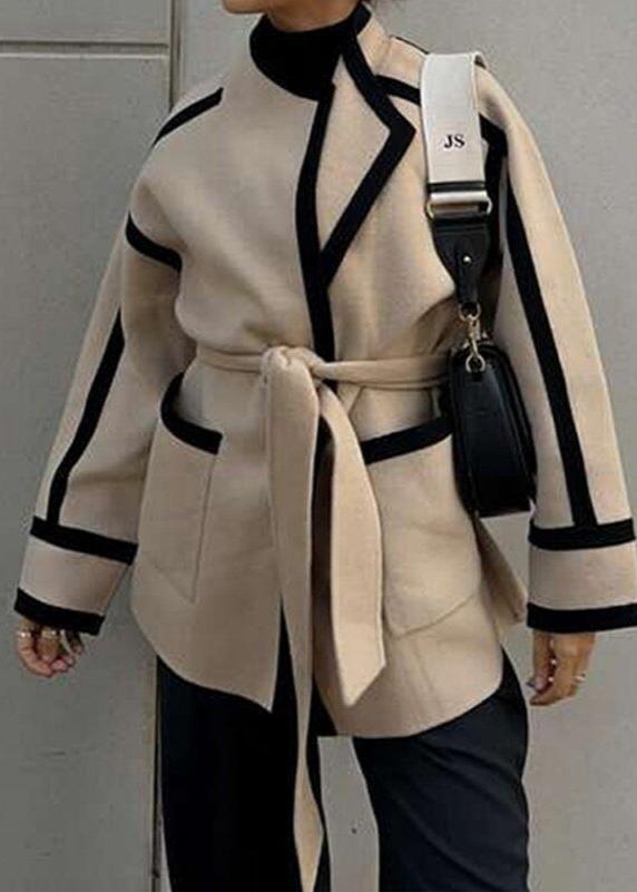 Contrast Trim Belted Wool Coat