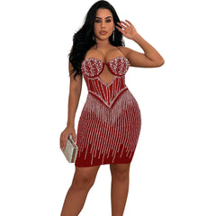 Women’s Solid Color Mesh Rhinestone Slip Dress – Elegant and Sparkling Option for Any Occasion