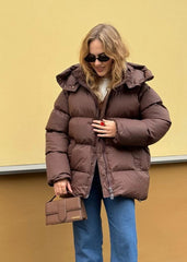 Hooded Chocolate Puffer Jacket - Cozy and Trendy