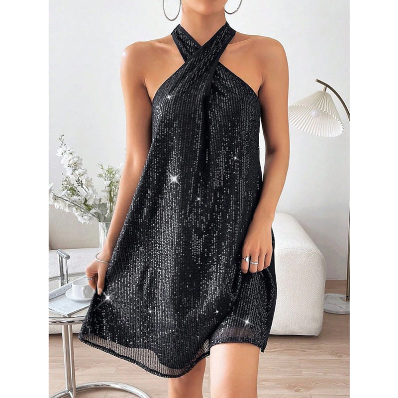 Summer Women Elegant Halter Strapless Sexy Sequin Formal Dress