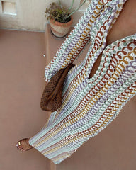 Boho Collared V Neck Split Wavy Striped Crochet Beach Vacation Maxi Dress